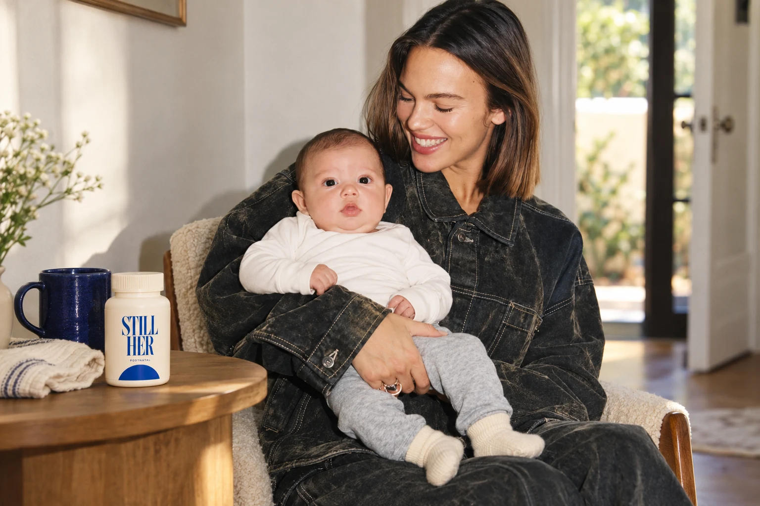 Mother in a denim jacket holding her baby, with a STILL HER postnatal bottle beside a blue mug